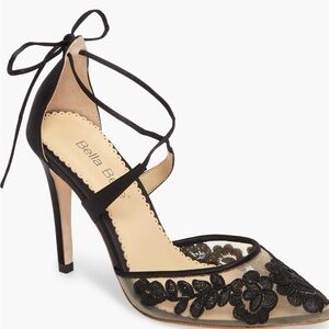 Bella Belle Anita Illusion Black Silk Lace-Up Heels Size 6.5 with Dust Bag